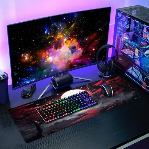 Image of Black Red Japanese Mouse Pad XL Moon Sakura Cherry BLoosm Tree Extended Table Mat 80X30 cm Non-Slip Rubber Base Stitched Edge Large XL Mousepad for Desk Gaming Laptop Desk Top,31.5x11.8 Inch