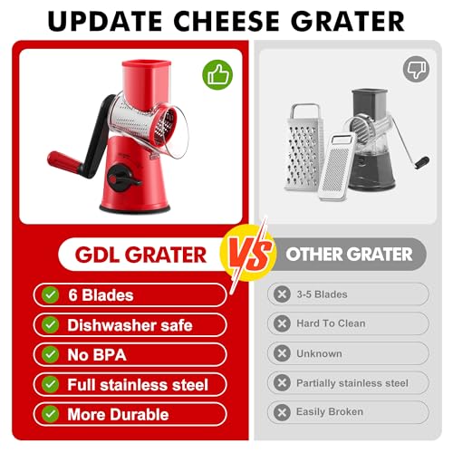 Image of GDL Cheese Grater Hand Crank - Upgraded 6-in-1 Cheese Grater with Handle and Strong Suction Base, Multi-purpose Cheese Shredder Vegetable Slicer Ice Shaver for Potato, Vegetables, Nuts, Chocolate