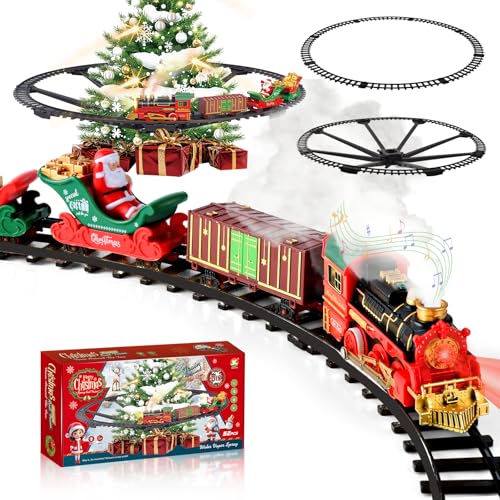 LTFIOON Tren Eléctrico de Navidad con Riel Luminoso - Tren Navideño para Árbol con Luces LED Cálidas, Spray y Sonido, Set Clásico de Trenes de Navidad para Niños 3 Años o Más - Regalo Mágico