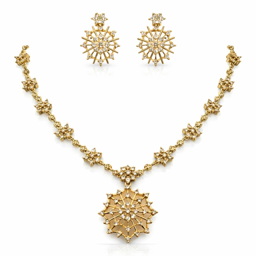 Snowflake Necklace Set & Matching Earrings | Suitable for Every Occasion | Elite Quality (Crystal White, Antique Gold Matte Finish)