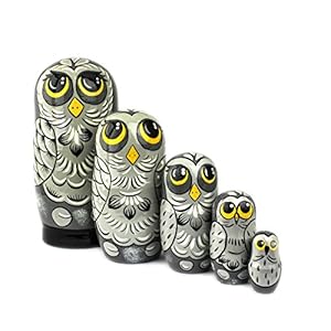 Russische Nestelpoppen, 5 Dieren Matroesjka Uil Stijl | Baboesjka Houten Poppen Geschenk Speelgoed, Grijze Uil Ontwerp…