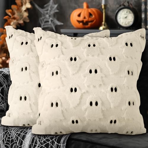 Lanpn Juego de 2 Fantasma Fundas Cojin Halloween 40x40 cm, Fantasma de Dos Ojos Decorativos Fundas de Almohada Decoración Hogar Halloween para Dormitorio Sofá Cama 40 x 40 (Blanco, Style 01)