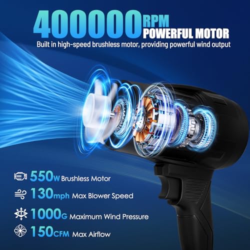 Image of Cordless Leaf Blower, 130MPH 150CFM with 2 x 24V Batteries | 400000 RPM Brushless Motor, 2 x 2.4Ah Batteries & Fast Charger, Lightweight Blowers for Patio Cleaning, Lawn Care, Driveway