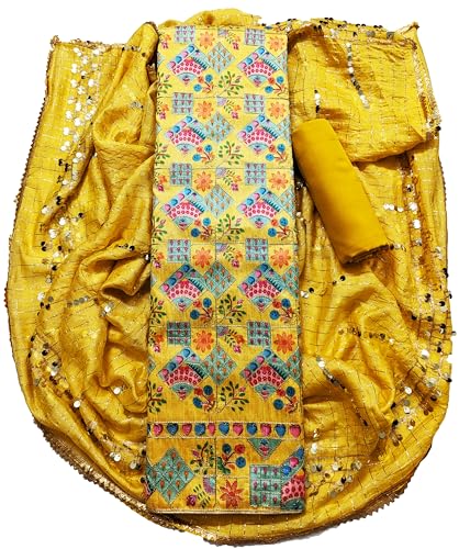 Image of AAHIRA Women's Printed Chanderi Unstitched Salwar Suit Dress Material With Sequins Work Dupatta(Free Size)