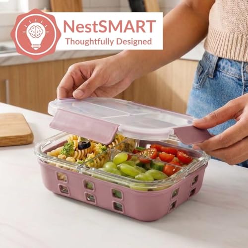 Image of Nestasia Glass Lunch Box with Silicone Sleeve (1000ml) - Borosilicate Glass Lunch Box with 3 Compartments for Office | Microwave & Freezer Safe, Leak-Proof Tiffin Box with Clip Locks (Mauve)