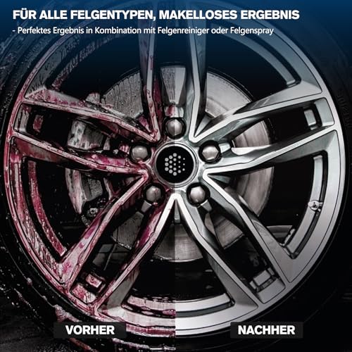 Kotmfaa Felgen Reinigungsset mit Mikrofaser Felgenbürste extra dünn, Reifenbürste, Auto Detailing Pinsel, Reifenglanz Schwamm, Trockentuch, Waschhandschuh | schonende- & kratzfreie Autowäsche Pflege