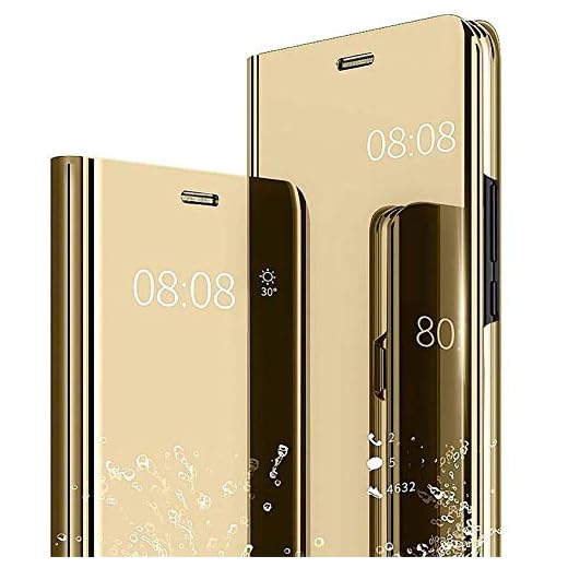 TOPOFU Sony Xperia 1 II skal, transparent plätering spegel flip fodral stötsäkert repskydd med ställ funktion skyddande fodral för Sony Xperia 1 II-guld