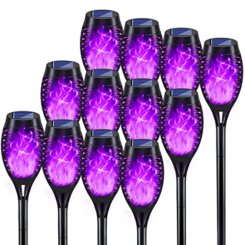 KYEKIO Halloween Decorations Outdoor, 12Pack Purple Solar Halloween Lights, Solar Torch Lights with...