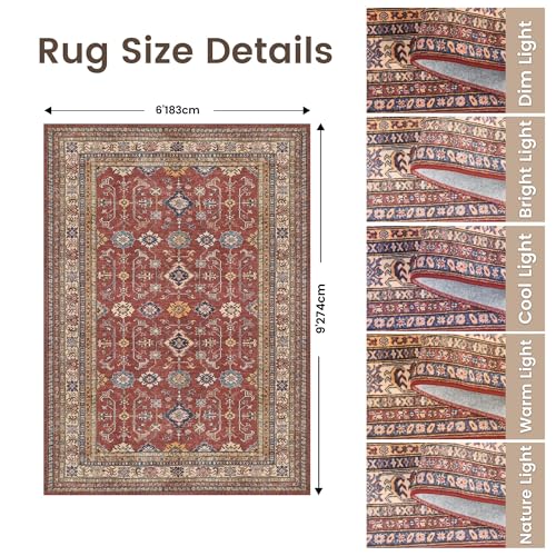Rugland 6x9 Rug - Stain Resistant Washable Rug, Anti Slip Backing Rugs for Living Room, Vintage Tribal Area Rugs (TPR10-Burgundy, 6'x9')