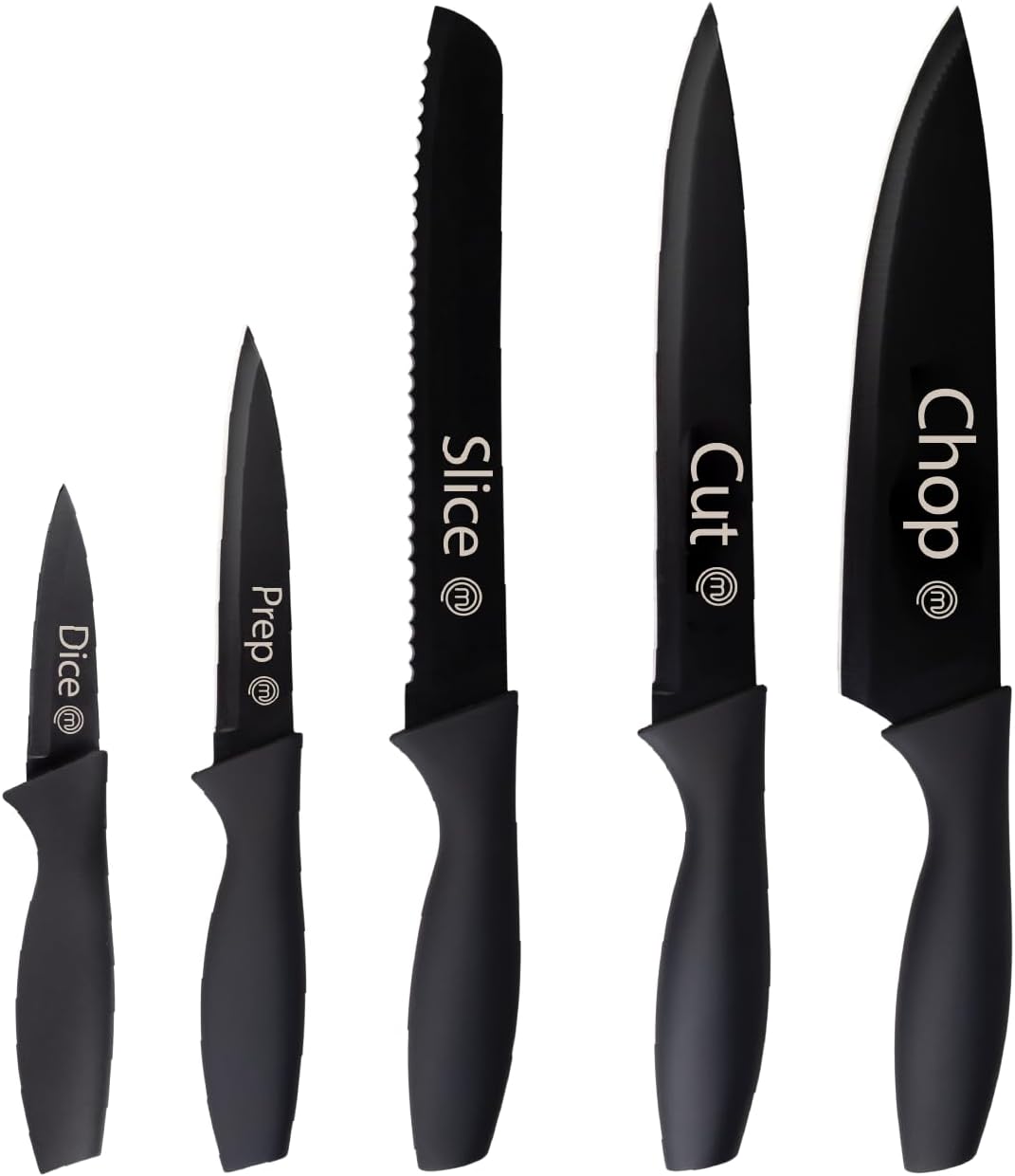 Knife Set of 5 Kitchen Knives for Cooking (Paring, Utility, Bread, Carving & Chef Knives), Professional Sharp Stainless Steel, Non Stick Blades & Soft Touch Handles, Black, 5 Piece