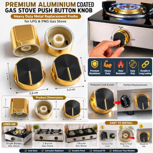 Image of Universal fit Knob for Gas Stove Replacement Parts | Long Lasting, Smooth Operation, Premium PVC On-Off Push Type 8 MM Spindle Black Knob for All Sleek Slim Modal Gas Stove (GOLD, PACK OF 2)