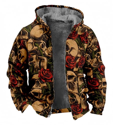 SIAOMA Skull Printing Hoodies for Men Casual Sherpa Warm Fleece Hoodie Jacket Sweatshirt Full Zip Coats