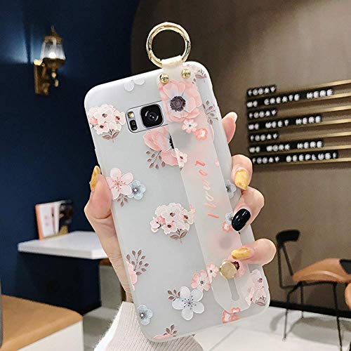 Robinsoni Case Compatible with Samsung Galaxy S8 Semi-Transparent Floral Flower Pattern Cover for Girls Women TPU Silicone Wrist-Band & Mental Ring Case Glitter Floral Cover Shockproof Bumper Case