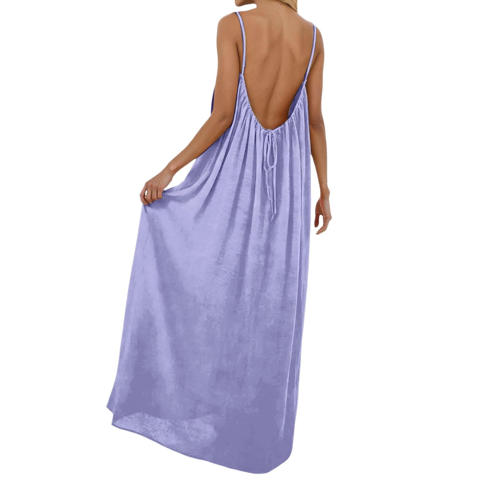 Moda Playa Mujer Vestido Largo con Bolsillos Sin Mangas Espalda Descubierta | Tirantes finos, de color liso, maxi vestido de verano para playa, vacaciones, cómodo vestido de verano