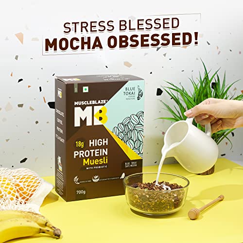 Image of MuscleBlaze High Protein Muesli, Blue Tokai Cafe Mocha, 18 g Protein, with Dry Fruit, Nut & Superseeds, Ready to Eat Healthy Snack, 700 g