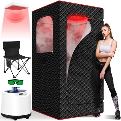 Infrared Home Steam Sauna Box, Portable Personal Full Body Sauna Spa Tent at Home for Relaxation with 660nm Red Light Therapy Lamp, 3L Steamer, Folding Chair, 15 Levels