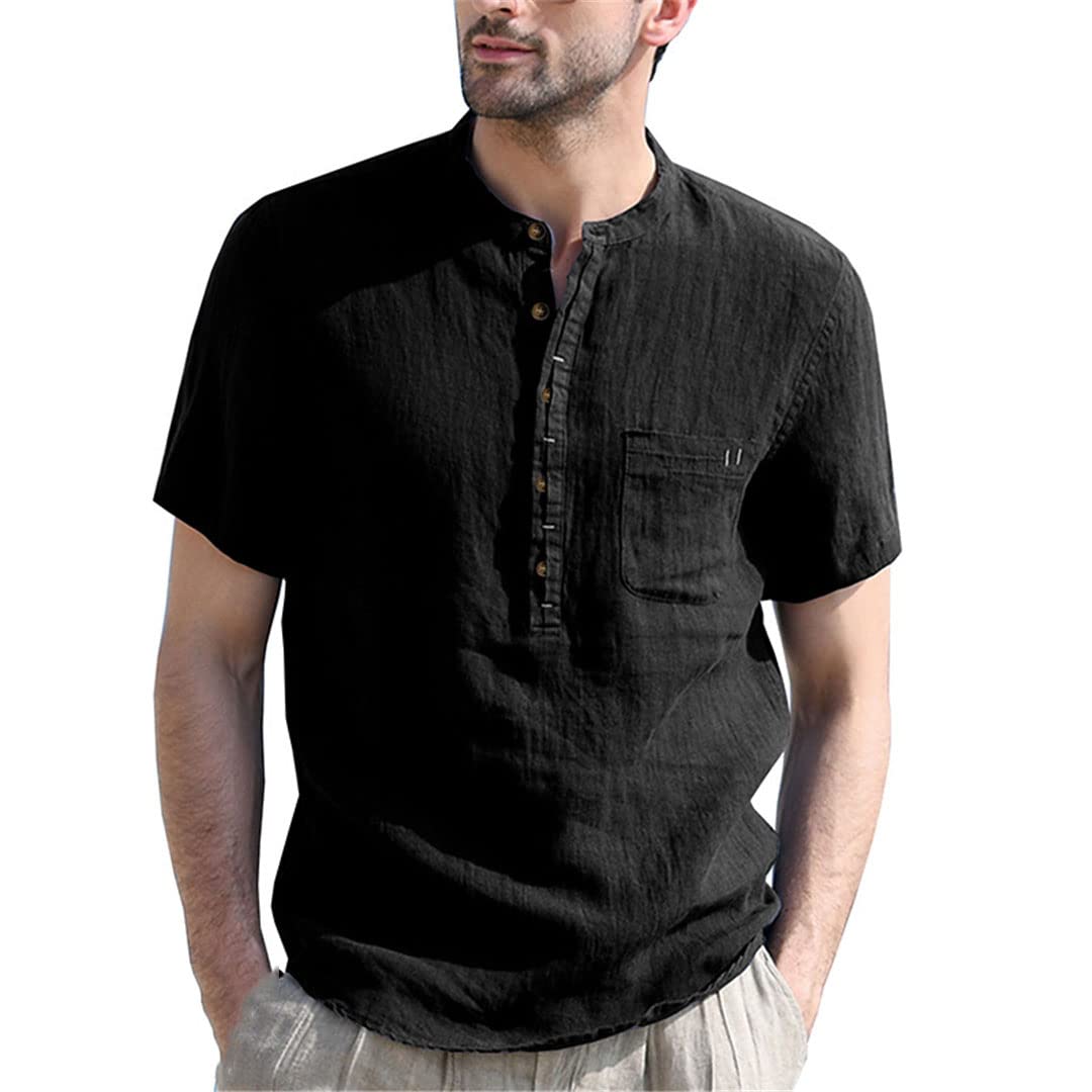 Maglietta da uomo in cotone e lino camicia casual Henley a maniche corte, Come mostrato, S