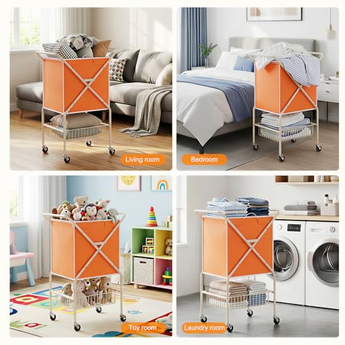 Image of Convenient Laundry Basket with Wheels,36 inch High Easy Rolling Laundry Cart with Wheels,Heavy Duty Dirty Clothes Laundry Hamper with Handles Removable Bag for Seniors,Folding Metal Frame /Orange /98L