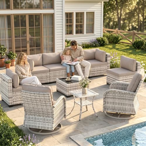Image of Outdoor PE Wicker Rattan Modular Patio Sectional Sofa Set | 10-Piece: 6 Modular Seats, Coffee Table, 2 Swivel Rocking Chairs & Side Table, Khaki