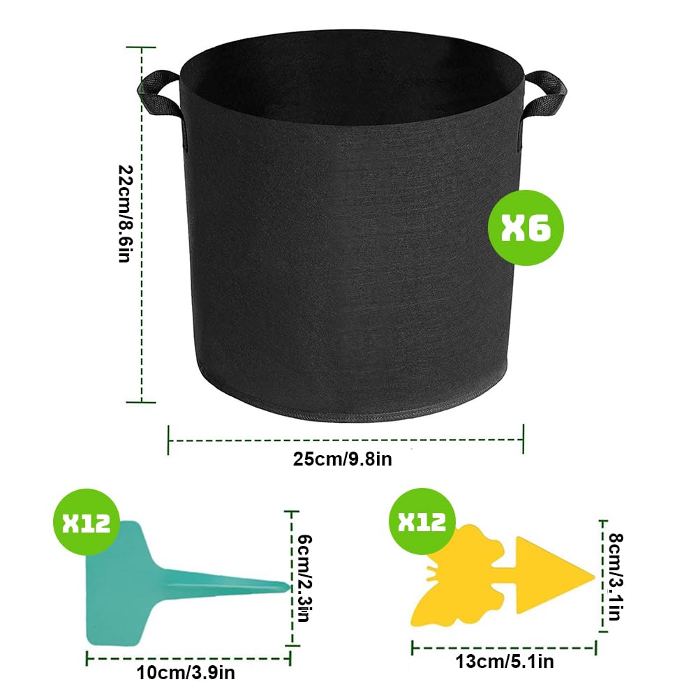 6 Sacchetti Per Piante In Tessuto Non Tessuto 3 Galloni (12L) Con Maniglie – Include 12 Etichette Da Giardino E 12 Trappole Adesive Per Insetti – Ideale Per Pomodori, Verdure, Balcone - 6