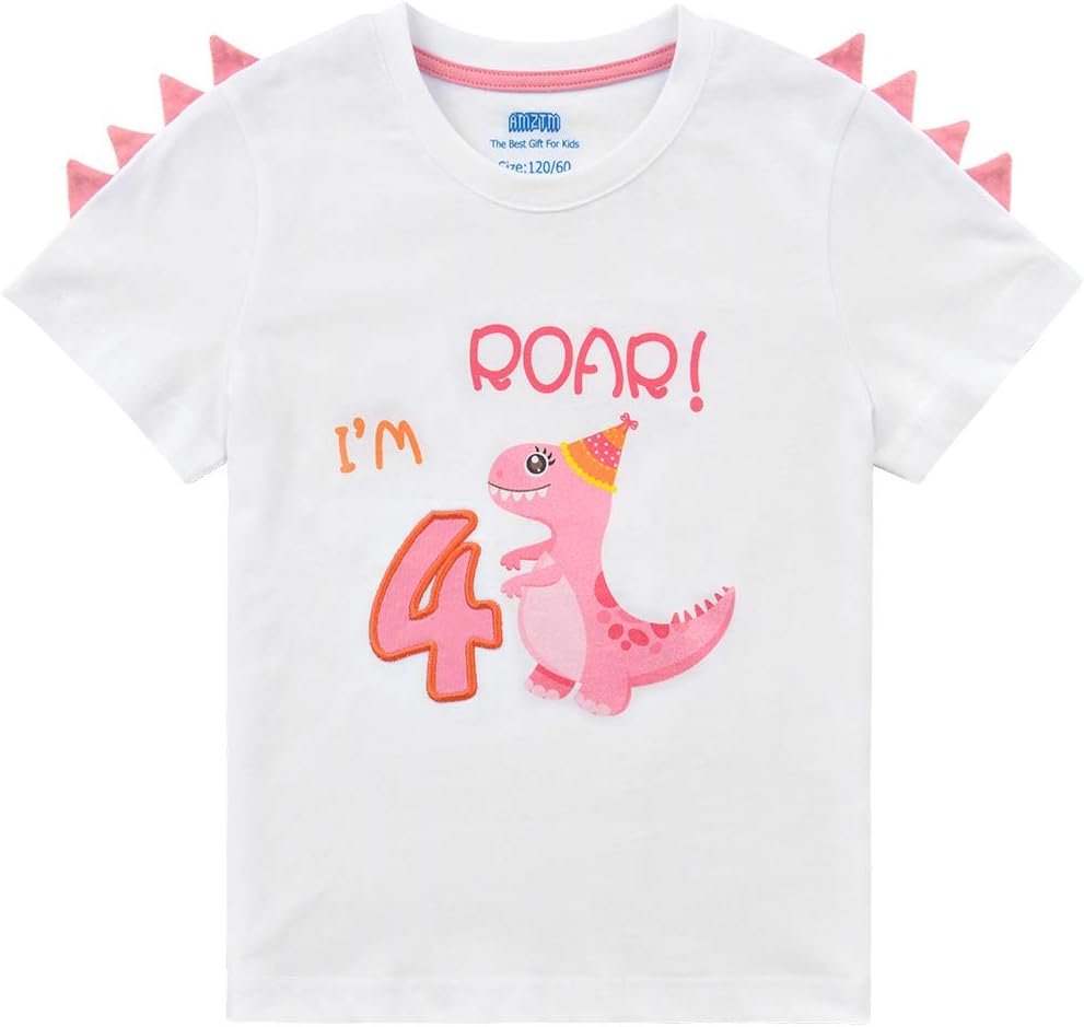 4th Birthday Girl T-Shirt Dinosaur Party B-Day Themed Tee Gift for Toddler 4 Years Old 100% Cotton Embroidery