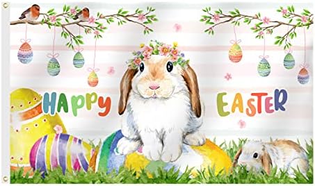SENSEVEN Happy Easter Bunny Rabbit Flag 3x5 Ft Banner, Easter Eggs Rabbits Birds Spring Banner with Brass Grommets for Home Porch Yard Farmhouse Outdoor Decor