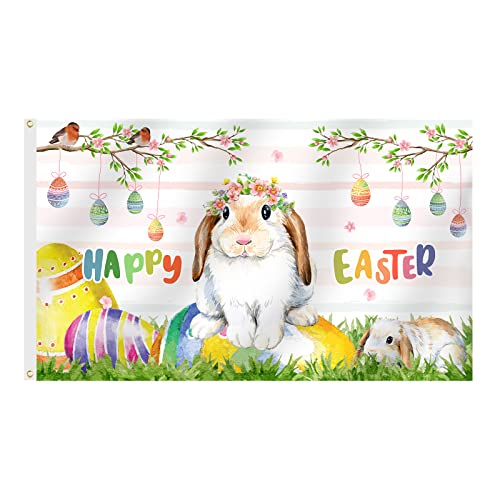 Senseven Happy Easter Bunny Rabbit Flag 3X5 Ft Banner, Easter Eggs Rabbits Birds Spring Banner With Brass Grommets For Home Porch Yard Farmhouse Outdoor Decor #TOP2