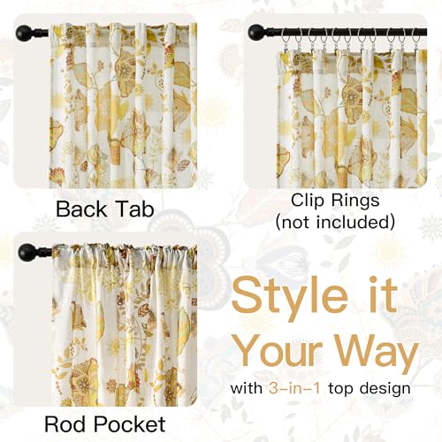 Image of XiDi Vintage Floral Curtains 63 inch Length 2 Panels Set for Living Room Back Tab Warm Farmhouse Bedroom Curtains Cottage Pretty Flower Patterned Linen Drapes Yellow Floral Pattern 52x63