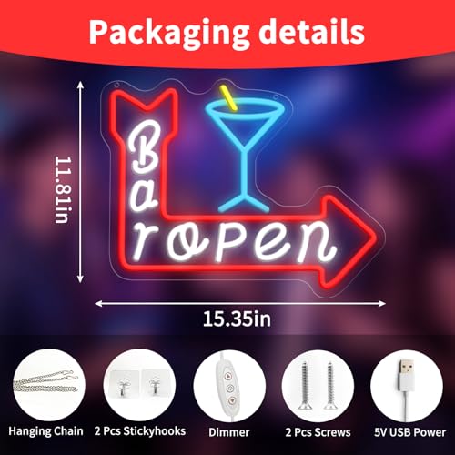 Image of Bar Open Neon Sign, LED Bar Sign Light 15.35 x 11.81 Inch with Dimmer, USB Powered Wall Decor for Home Bar Man Cave Pub Restaurant Beer Bar Game Room Party Decor