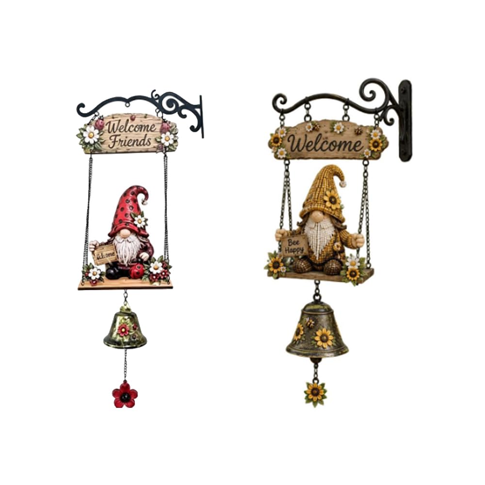 2Pcs Rustic Gnome Welcome Bell, Handmade Farmhouse Doorbell Decor for Porch