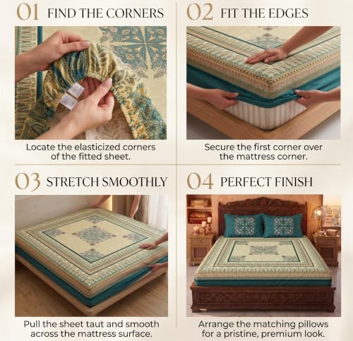 Image of VAS COLLECTIONS 240 TC Cotton King Size Fitted Bedsheet, Premium Soft Breathable Stretchable Mattress Sheet, Skin Friendly Durable Printed Bed Cover for Double Bed, 72 x 78 + 10 Inches - Spruce Green