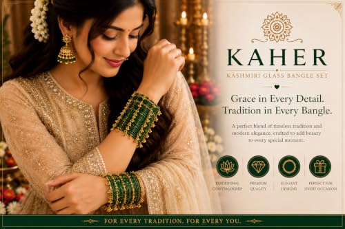 Image of Kaher Kashmiri Glass Bangle with gunghro Set for Women| Traditional, Fancy Glass Chudi Set for Festival, Wedding, and Party (Set Of 16)
