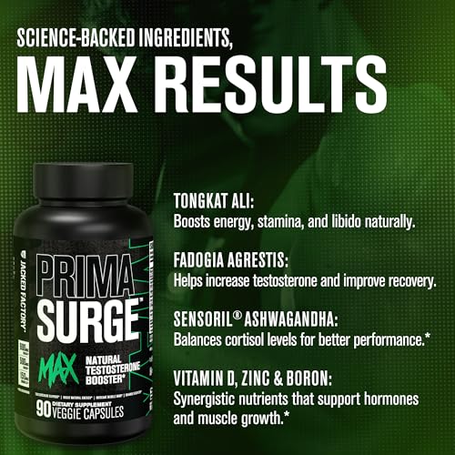 Jacked Factory Primasurge Max Testosterone Booster for Men - Natural Testosterone Supplement with Tongkat Ali, Fadogia Agrestis & Sensoril Ashwagandha - Test Booster for Muscle Mass - 90 Count