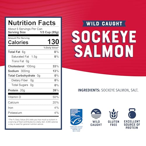 Image of Bumble Bee Red Sockeye Salmon with Skin & Bones, 14.75 oz (Pack of 12) | Wild Caught, 20g Protein per Serving, Omega-3 Rich, Gluten Free, Keto Friendly