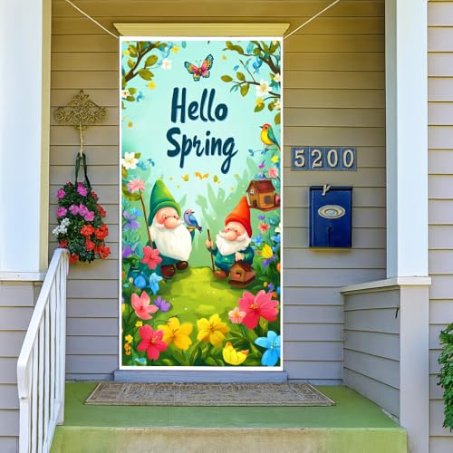 Image of Hello Spring Gnome Door Cover 35x71in Bird Butterfly