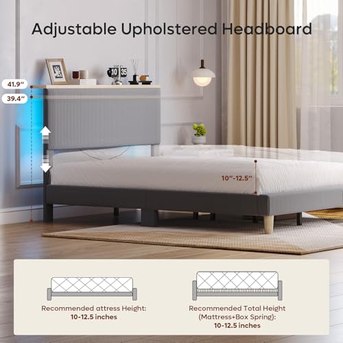 Image of Bestier Queen Size Bed Frame with Headboard Shelf & LED, Upholstered, Grey