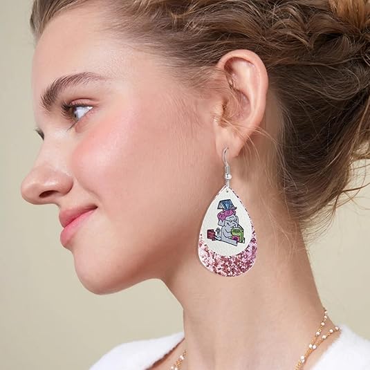 Teacher Earrings for Women Cartoon Animal Glitter Leather Graduation Earrings Elephant Cat Fish Hungry Caterpillar Earring Back to School Jewelry3