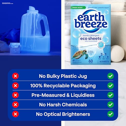 Image of Earth Breeze Laundry Detergent Sheets Fresh Scent - 60 Loads per package. Eco Liquidless Soap - Travel-Friendly for Hot & Cold Cycles, Tackles Tough Stains & Odors - Gentle on Skin, 30 sheets (3 Pack)