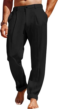 Mens Linen Beach Pants Casual Summer Elastic Waist Slacks Lightweight Loose Fit Trousers