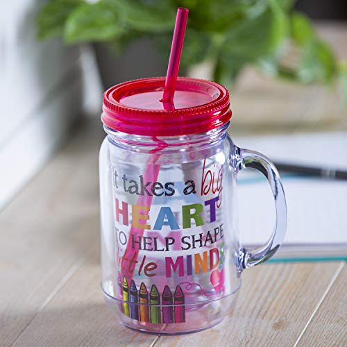 Cypress Home Teacher Appreciation 20 oz Gift Mug It Takes A Big Heart To Help Shape Little Minds | Red | Double Wall Insulated Mason Jar With Straw | 6.25-in Tall x 5-in Wide - Image 6
