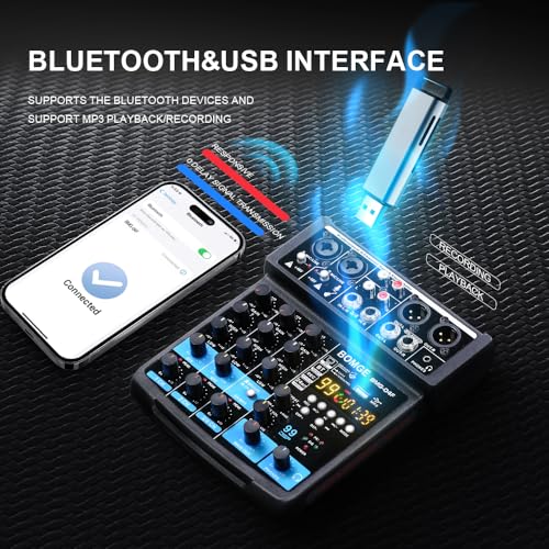 Image of BOMGE 4 Channel mini DJ Audio Sound Mixer Interface with MP3 USB Bluetooth Stereo Recording 48V Phantom Power 99 DSP for karaoke, performance, church singing podcas streaming
