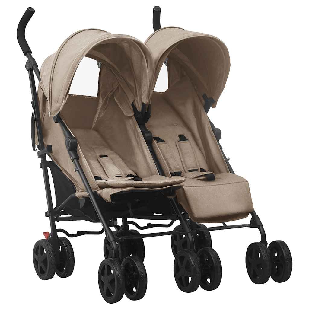 vidaXL Carrito para Gemelos Cochecito Sillita Gemelar Silla de Paseo Canasta Niños Reposapiés Ajustable Dosel Plegable de Acero Gris Taupe