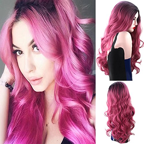 Royalvirgin Negro y rosa Ombre largo cuerpo onda resistente al calor sintético medio de separación cosplay pelucas para las mujeres con tapa de peluca libre