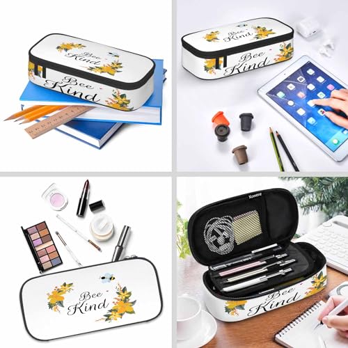 Image of Bee Pencil Case Cute Bee Kind Yellow Flower Bunches Pencil Bag Pen Markers Pouch Holder Organizer for Boy Girl School Students