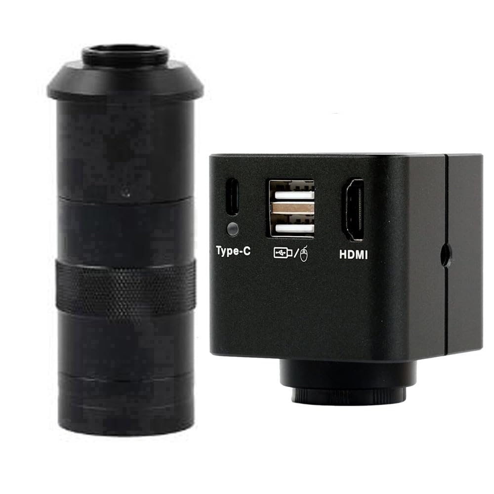 1080p HDMI Tipo-C PC Microscopio Industrial Medición de la cámara U Disk Video Recorder y lente de montura C 100x para soldadura de reparación móvil de PCB-Negro