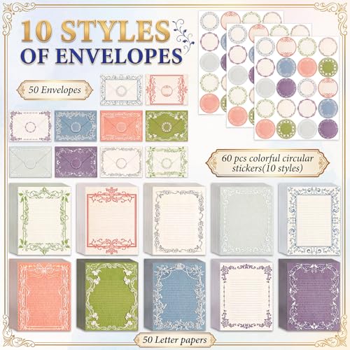 Image of TaoBary 160 Pcs Stationery Paper Set 50 Double Sided Stationery Papers with 50 Matching Envelopes and 60 Round Dot Sticker, 10 design(vintage Lace Frame, 5.5 x 8.25 Inch)