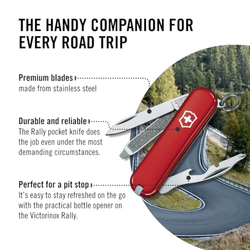 Image of Victorinox Rally Swiss Army Knife, 9-Function Pocket Knife, Multi Tool, Red | Swiss-made multitool, compact design, stainless steel tools, everyday carry