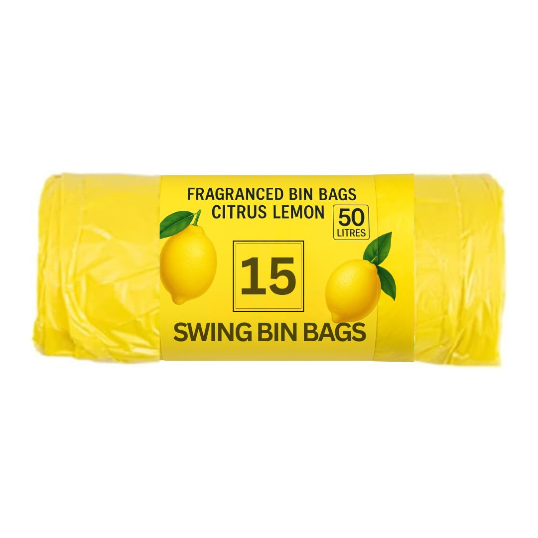 Lnd Gifts Yellow Swing Bin Liners: Pack Of 15 Scented 50L Bin Bags, Fresh Citrus Lemon - 50 Litre Bin Bags With Scented Aroma For Pedal Bins & Swing Bins