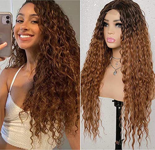 24 Pcs Press on Nails, Stick on Nails Full Cover Glue on Nails False Nails with Designs Acrylic Nails for Women Girls hair (Long Curly Wig - Ombre Brown)