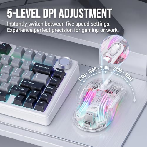 Image of RGB Magnetic Charging Dock Gaming Mouse, 12K DPI, PAW3311 Sensor, Tri-Mode Wireless, 6 Programmable Buttons, Ultra-Light 72g for PC /Mac (White- Transparent)